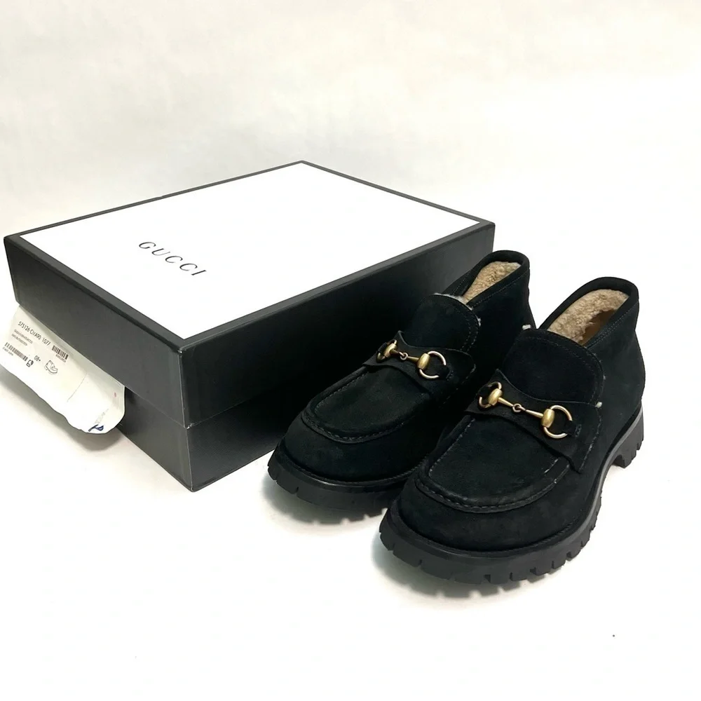 GUCCI | Mens black suede shearling lined Harald Horsebit platform loafers